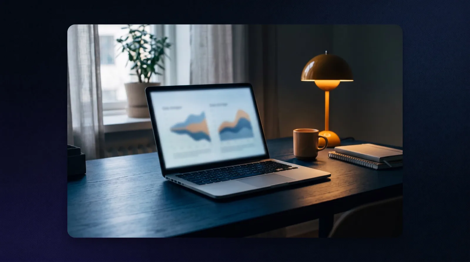 A laptop on a dark navy desk softly showing two abstract data-shape diagrams side by side in natural light, no people