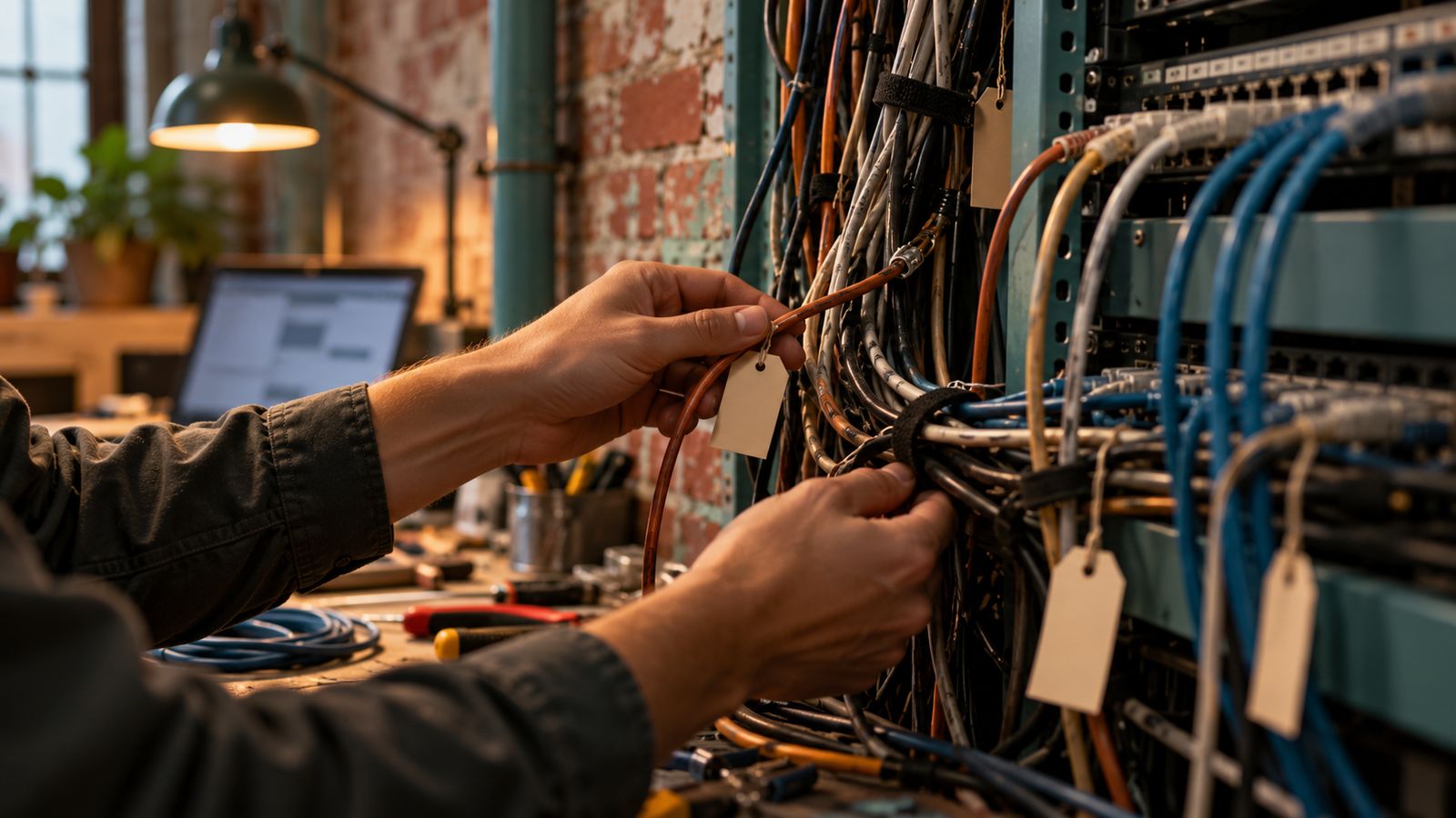 Hands tracing a cable through an older network bundle toward a patch panel.