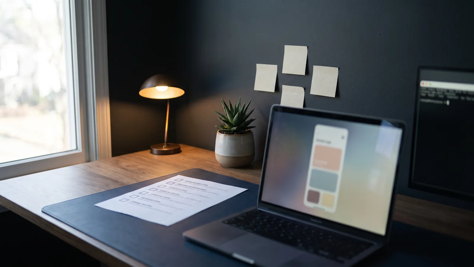A desk by a window with a laptop showing a blurred mobile app prototype of coloured blocks, a second screen with a dark terminal, a printed checklist with empty tick boxes, blank sticky notes on the wall, a small plant and a desk lamp, no people