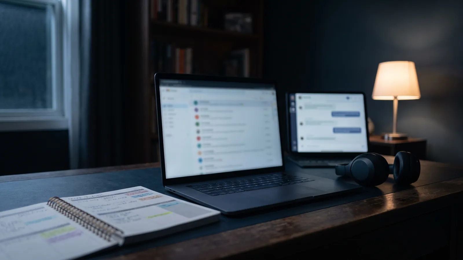 A home office desk at night with a laptop showing a blurred task list with coloured status dots, a tablet showing a blurred chat thread, a headset, a spiral planner with colour-coded notes and a warm lamp, no people