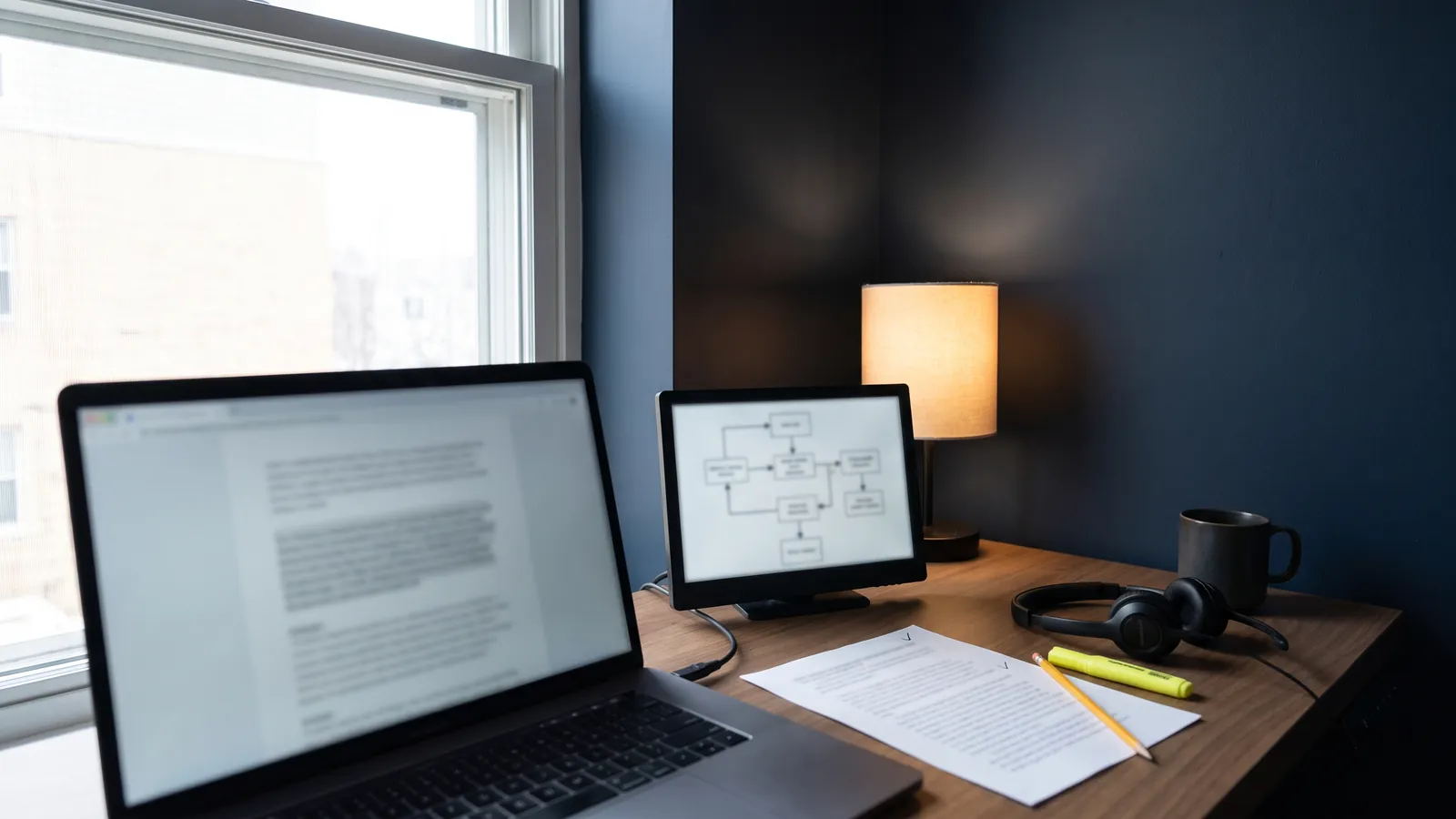 A home office desk by a window with a laptop showing a blurred document, a small screen showing a blurred flowchart of boxes and arrows, a printed page with a pencil and yellow highlighter, a headset, a mug and a warm lamp, no people