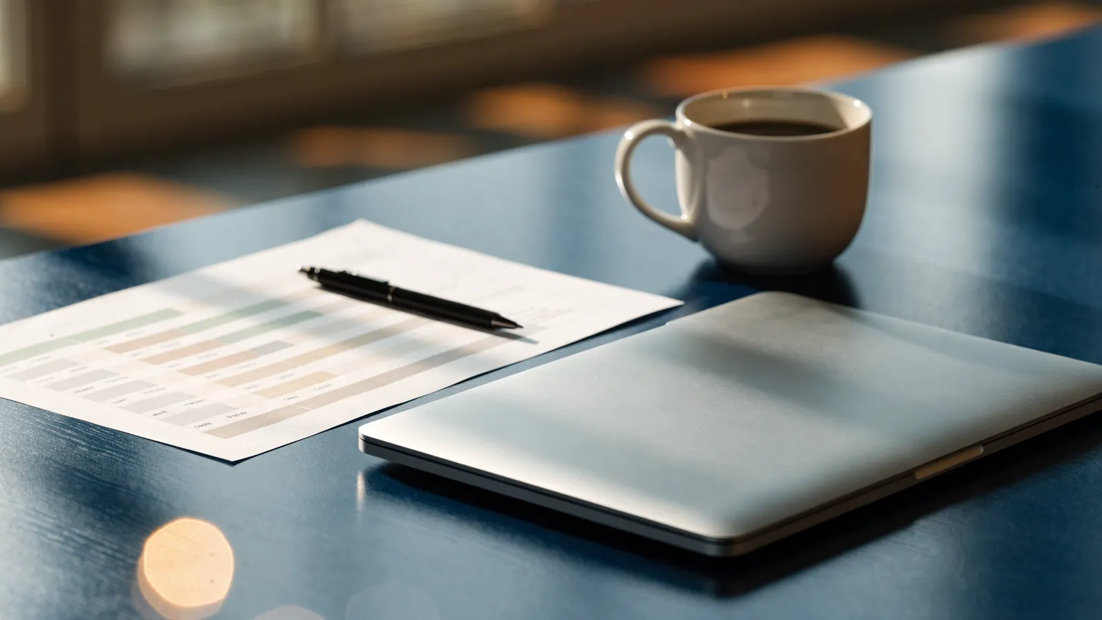 A long wooden conference table with an open laptop, printed wireframes and a whiteboard covered in sticky notes in morning light, no people