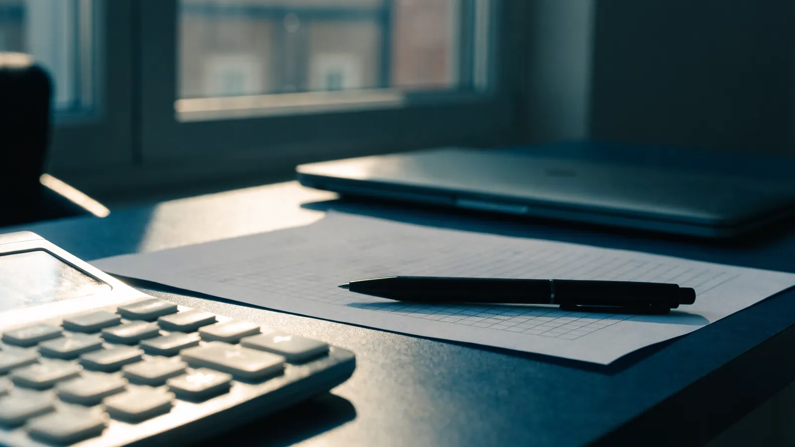 A laptop showing a budget spreadsheet beside a calculator and a printed cost sheet on a wooden desk in soft window light, no people