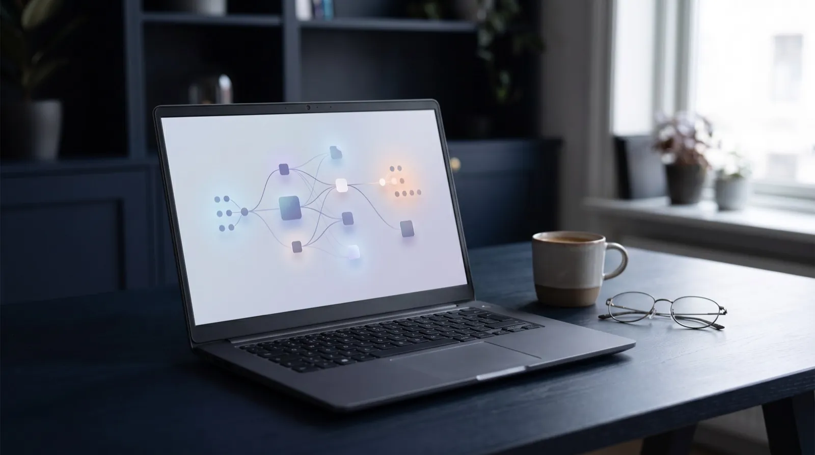 Developer screens showing connected systems in natural daylight, no people