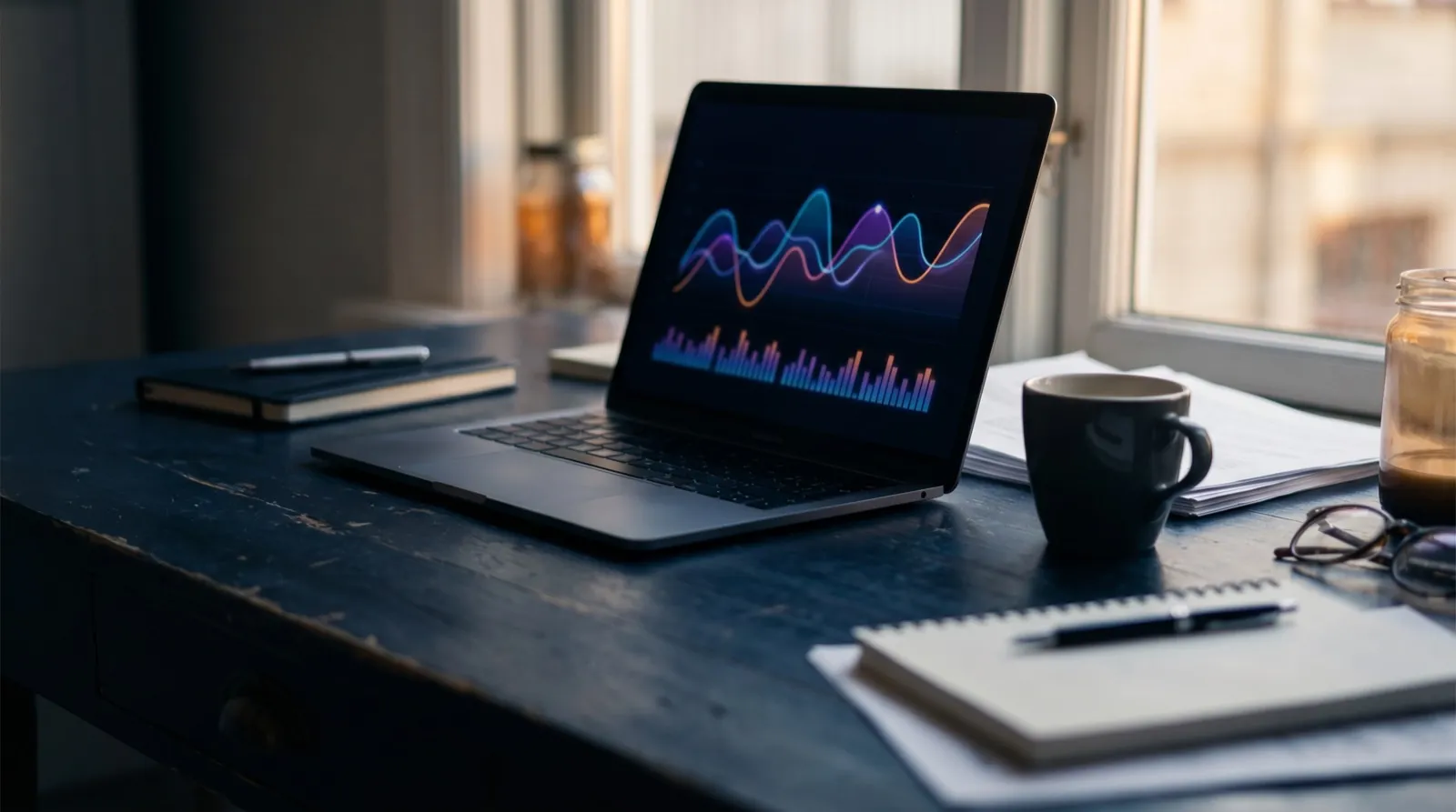 A laptop showing an analytics dashboard and a notepad on a dark desk in natural light, no people