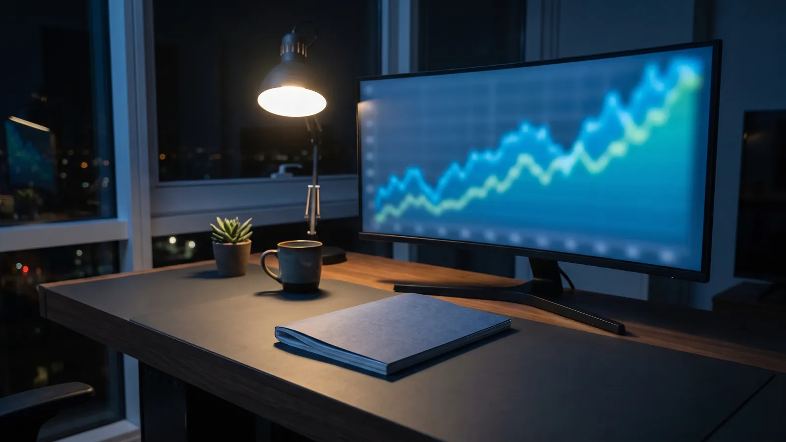 A wide monitor showing a blurred rising line chart on a dark desk at night beside a desk lamp, a small potted plant, a coffee mug and a closed grey report folder, no people