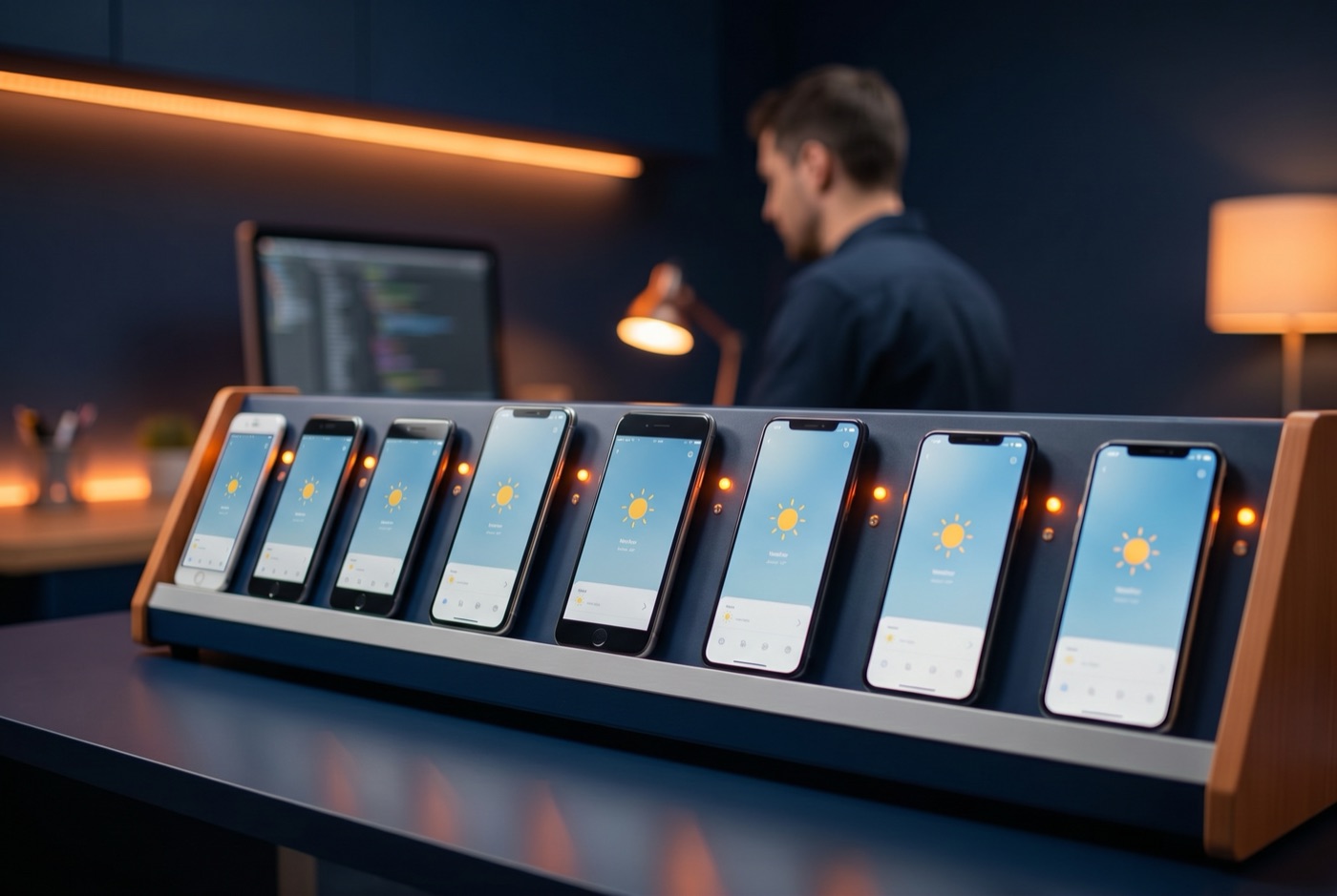 Mobile app tested across many devices in a QA lab