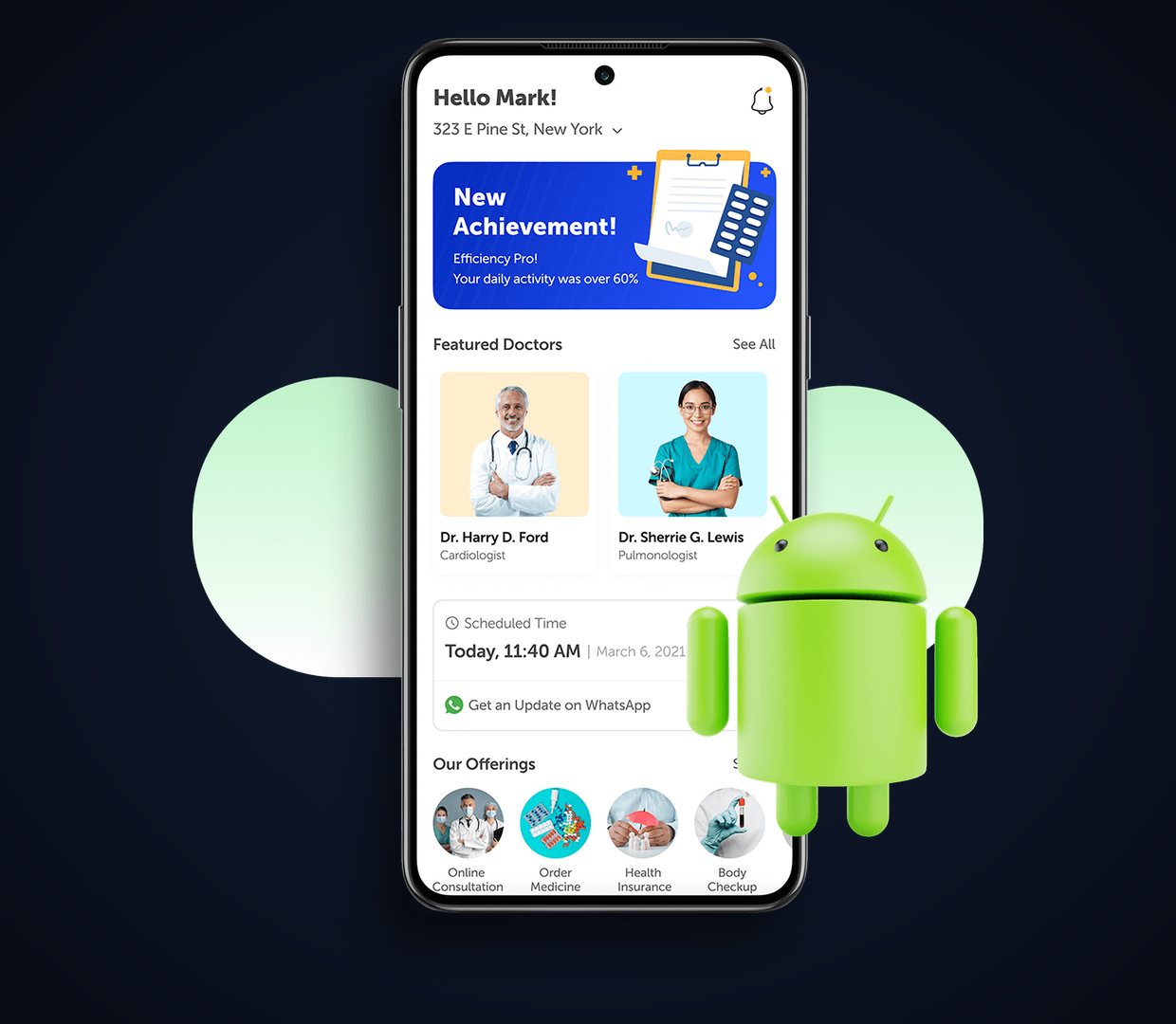 Native Android healthcare app shown on a phone with the Android robot