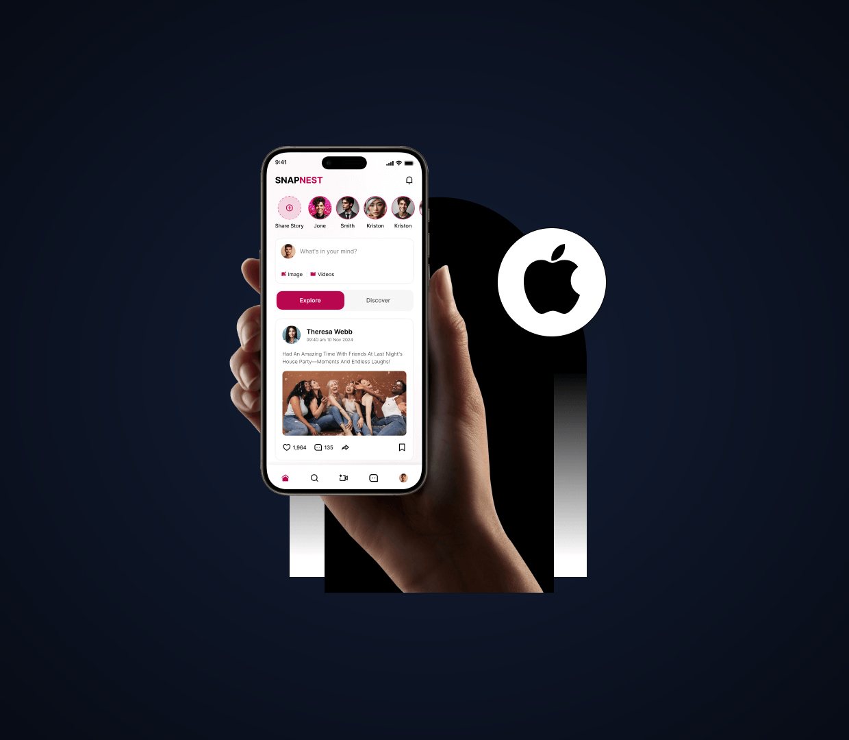Native iOS social app shown on an iPhone with the Apple mark