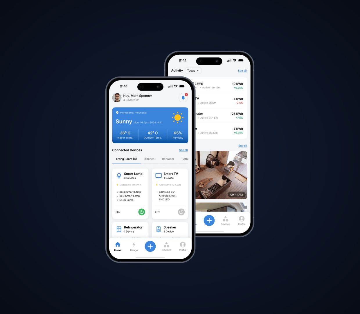 Smart-home IoT app shown on two phones controlling connected devices