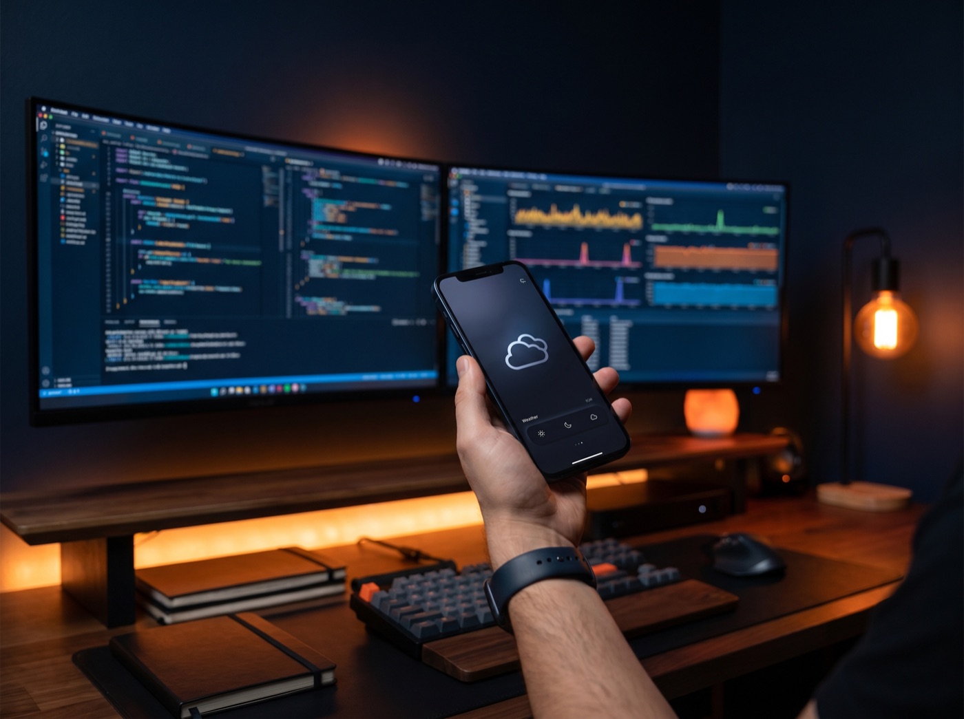 Mobile app engineering workspace, a finished app on a phone with code and performance graphs behind