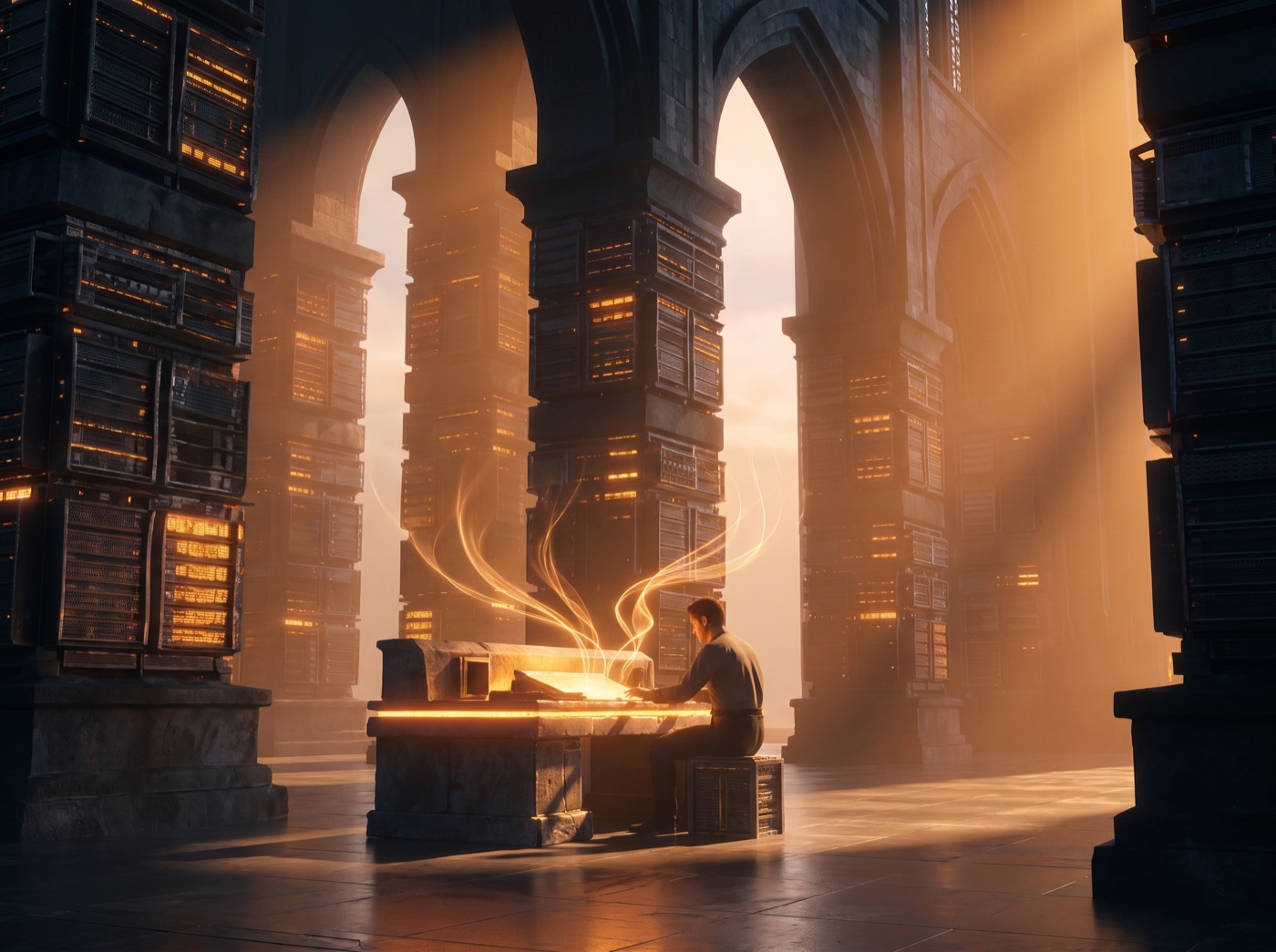 A person at a console in a server-rack cathedral alcove, directing amber light