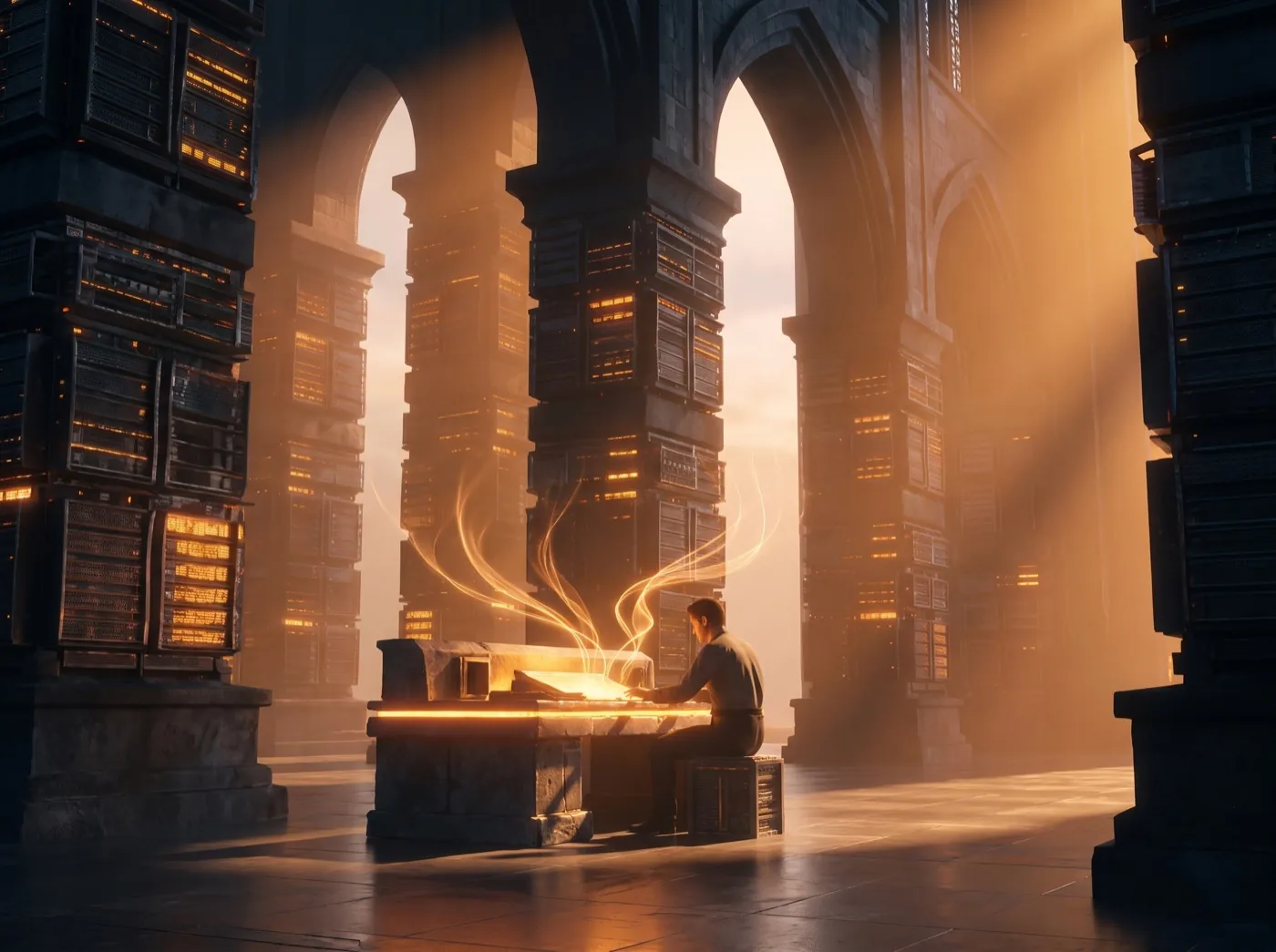 A person at a console in a server-rack cathedral alcove, directing amber light