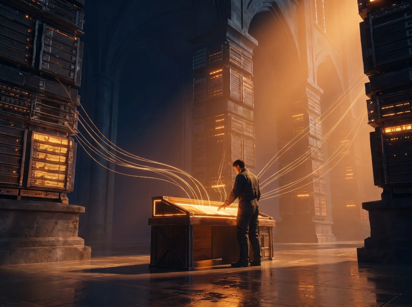 An engineer working at a glowing workbench in a server-rack cathedral alcove