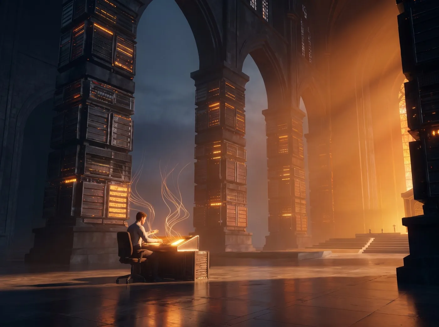A marketer reviewing work at a console in a server-rack cathedral alcove