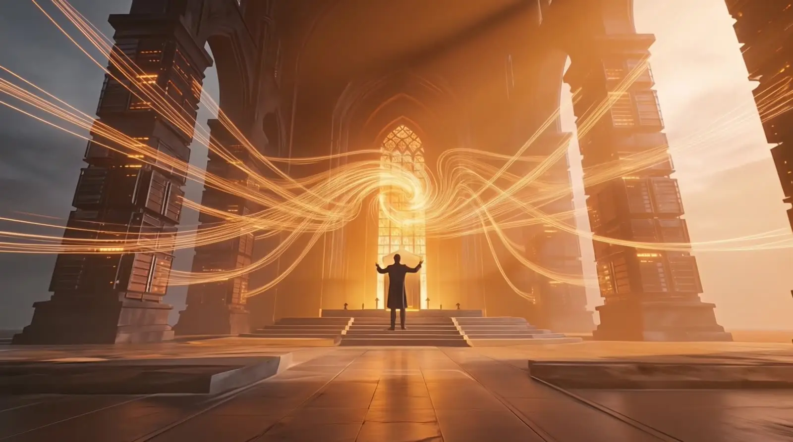 The amber altar of the server-rack cathedral, lit by streams of light