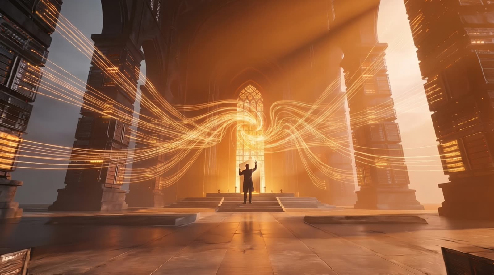 A person standing at the altar of a vast server-rack cathedral, directing streams of amber light