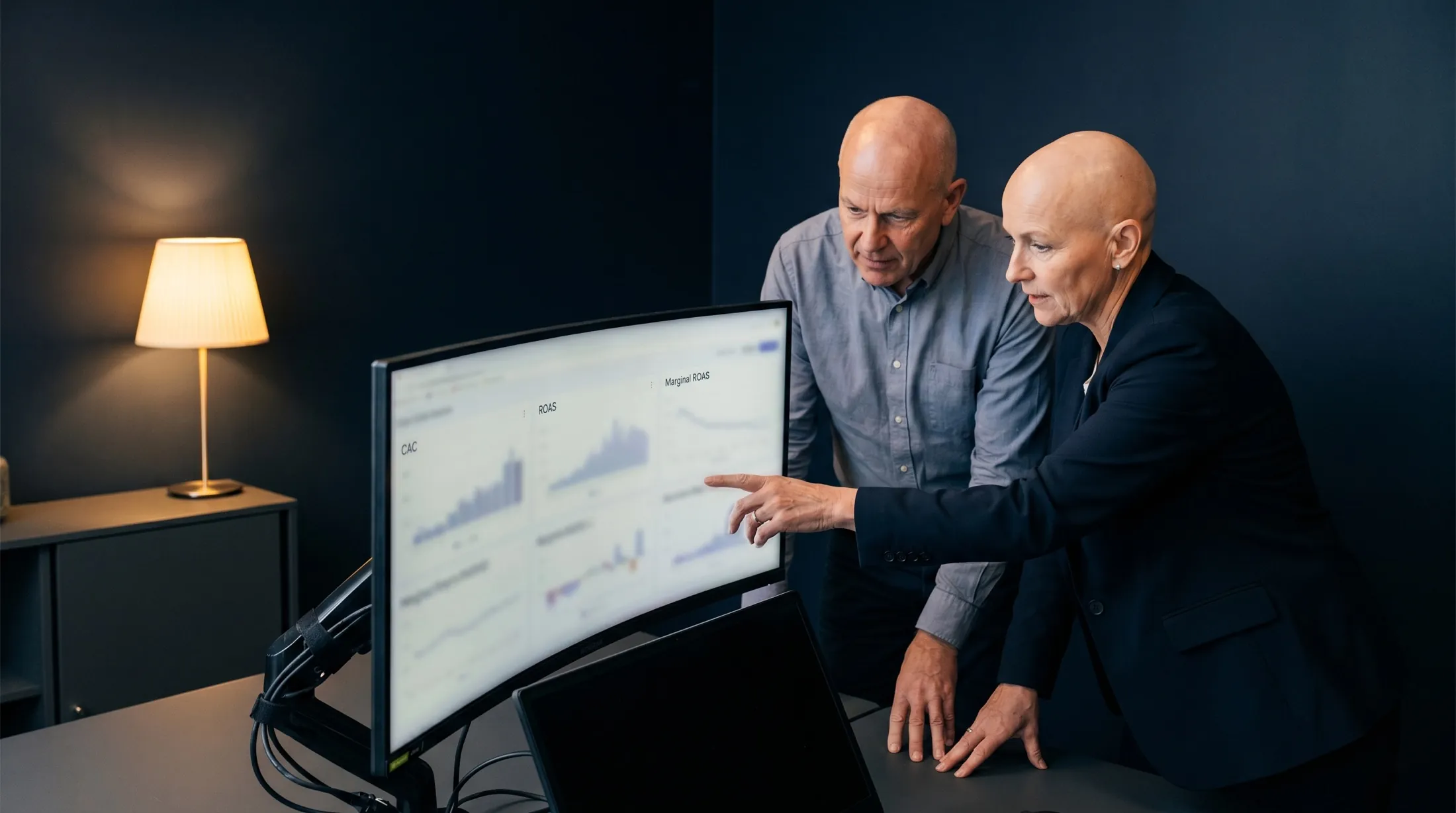 PPC management services team reviewing CAC, blended ROAS, and marginal ROAS on a single paid-media dashboard before approving spend