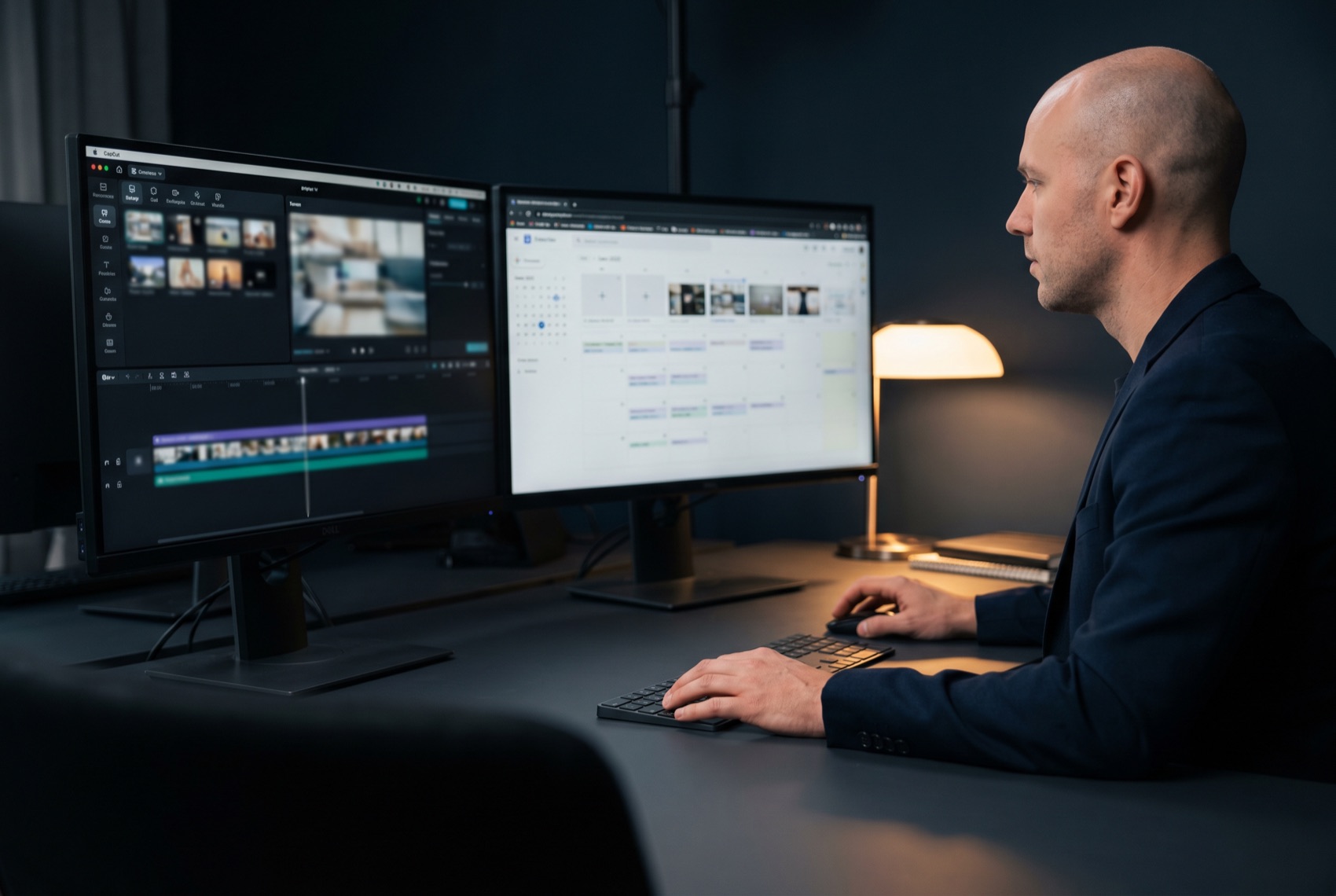 A content producer reviewing an editorial calendar, a vertical-video edit, and a carousel layout
