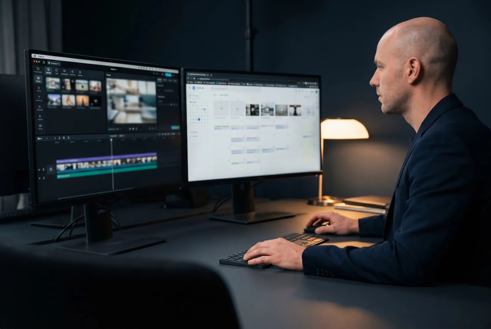 A content producer reviewing an editorial calendar, a vertical-video edit, and a carousel layout