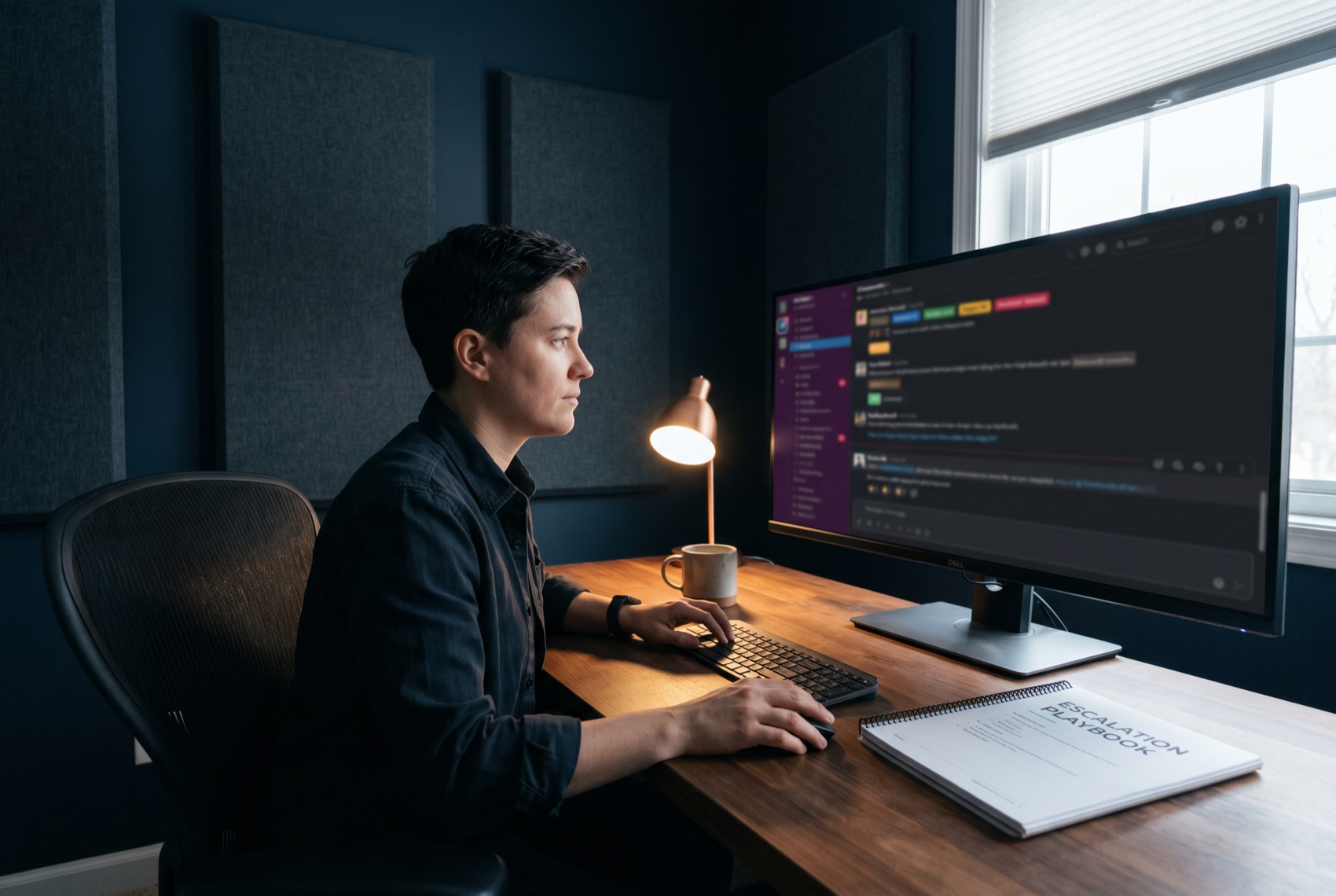 A community manager triaging a unified social inbox beside a documented escalation playbook