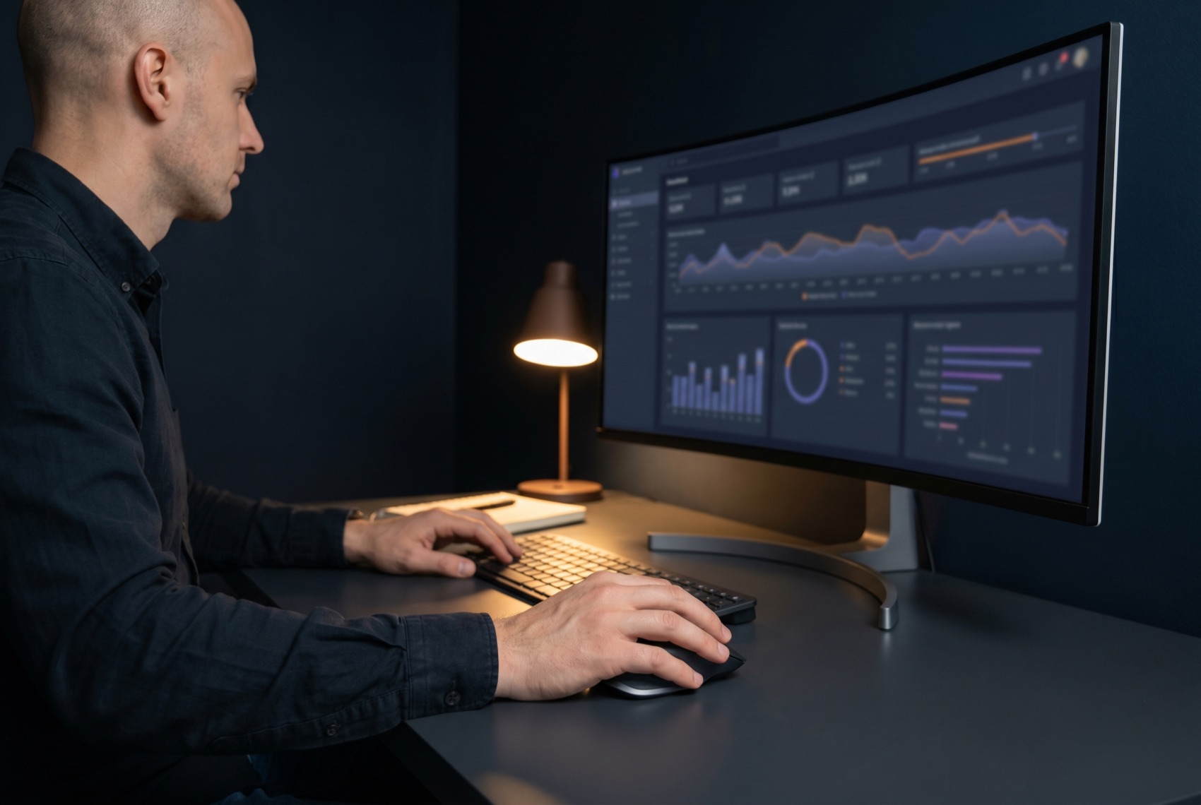 An analytics specialist reviewing a social listening dashboard and a measurement scorecard