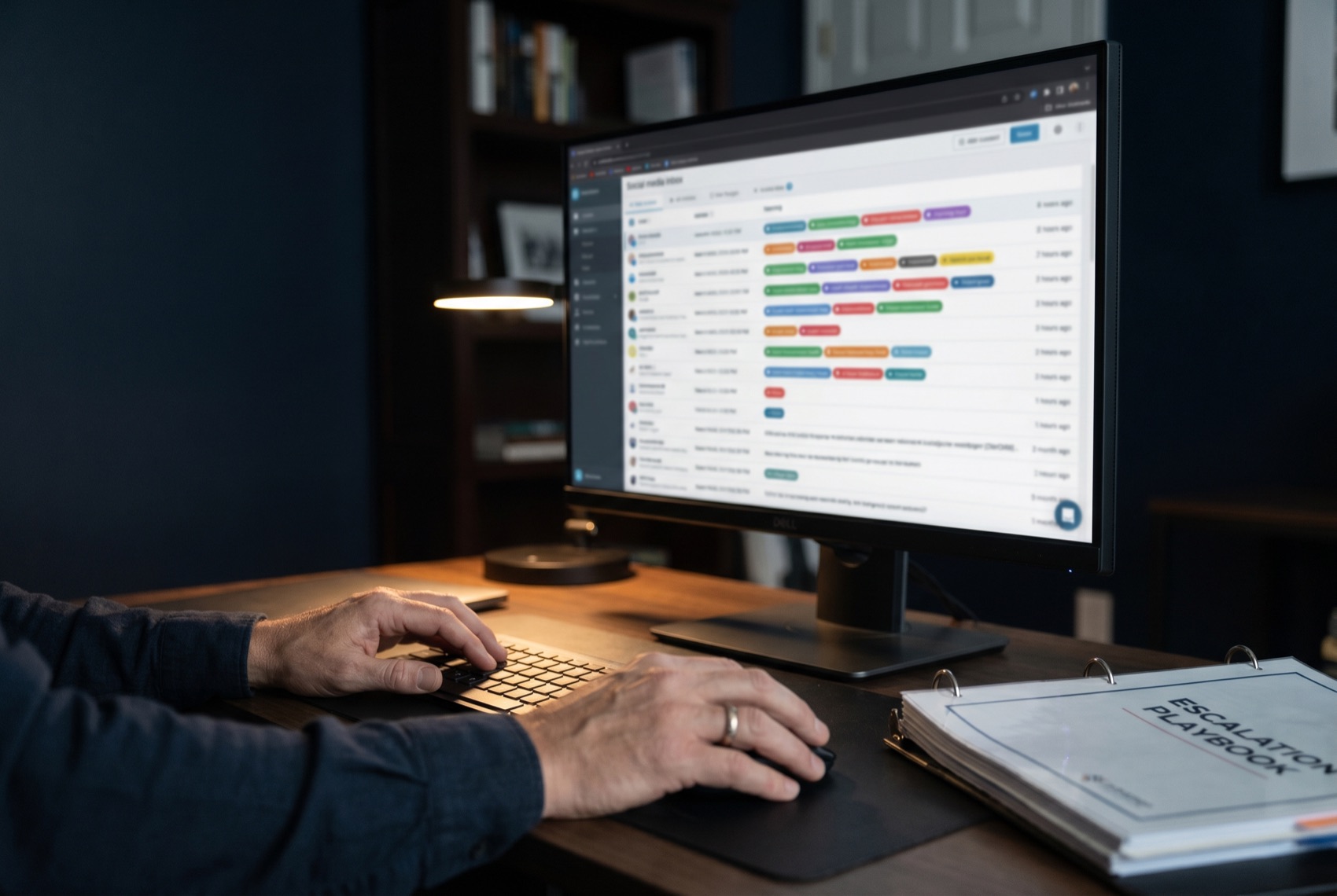 A senior community manager triaging a tiered social inbox beside an escalation playbook
