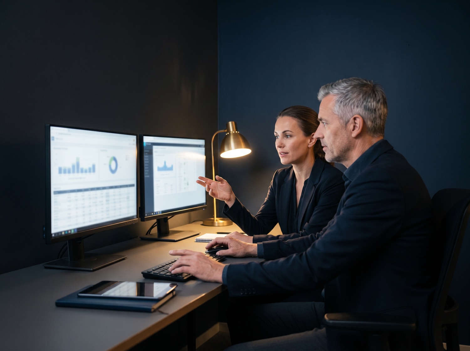 A senior social strategist reviewing a measurement scorecard, a content calendar, and a share-of-voice chart