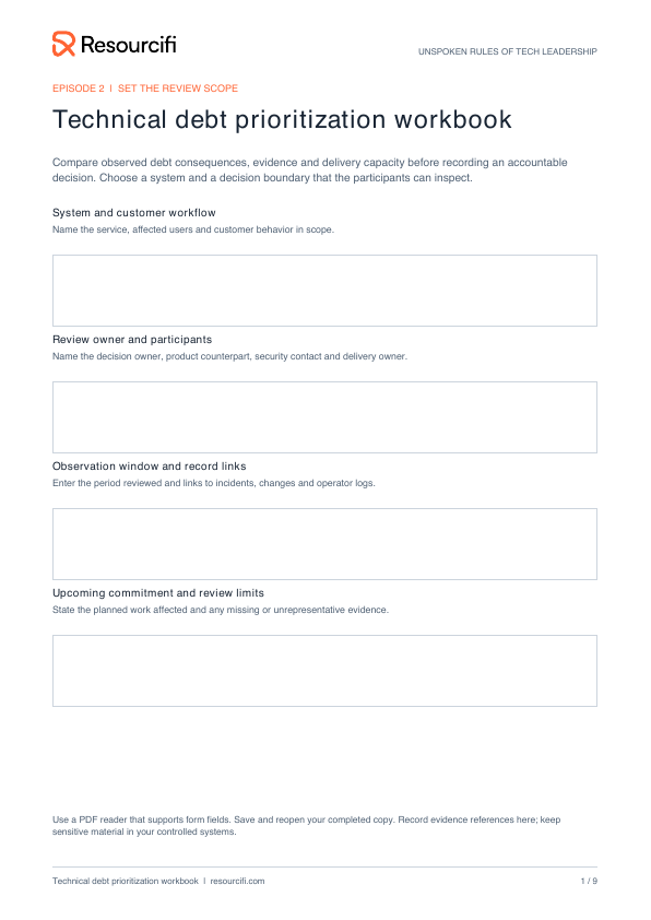 Preview of the technical debt prioritization workbook