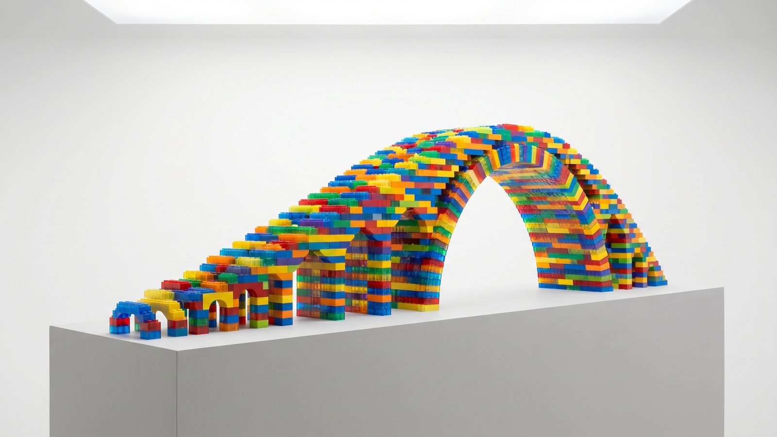 Colorful 3D render of a bridge built from bright multi colored blocks spanning from small to large on a clean light background