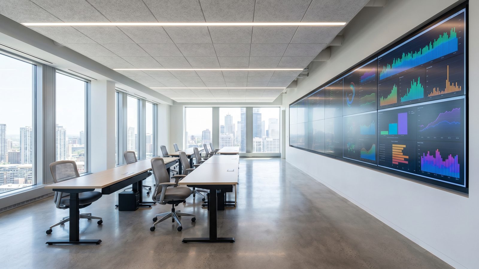 Bright modern control room with a wall of colorful dashboards and clean daylight